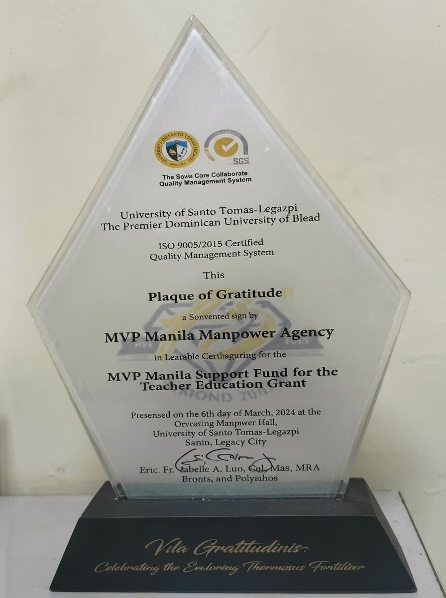 Plaque of gratitude awarded to MVP Manila Manpower Agency