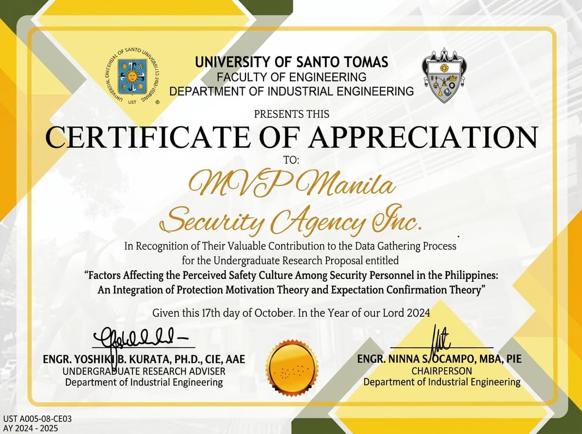 University of Santo Tomas certificate of appreciation for MVP Manila Security Agency