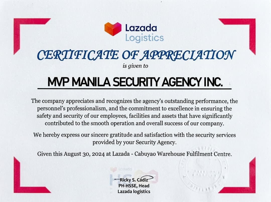 Lazada Logistics certificate of appreciation for MVP Manila Security Agency