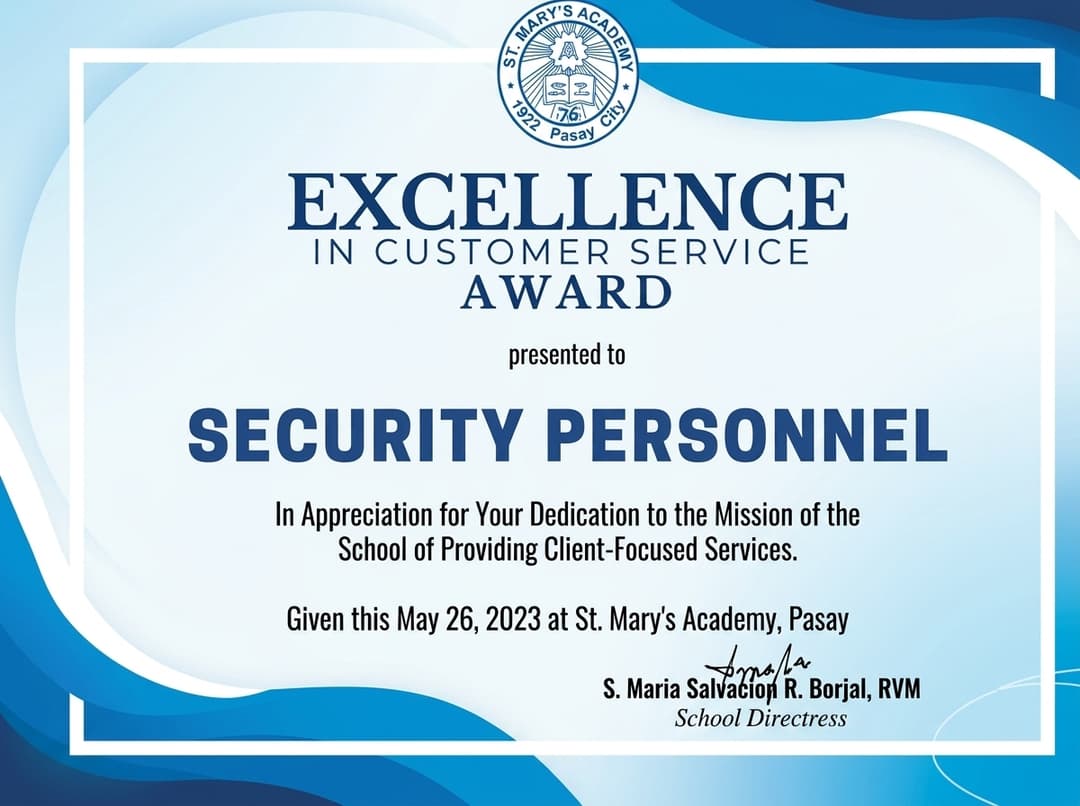 St. Mary's Academy excellence in customer service award