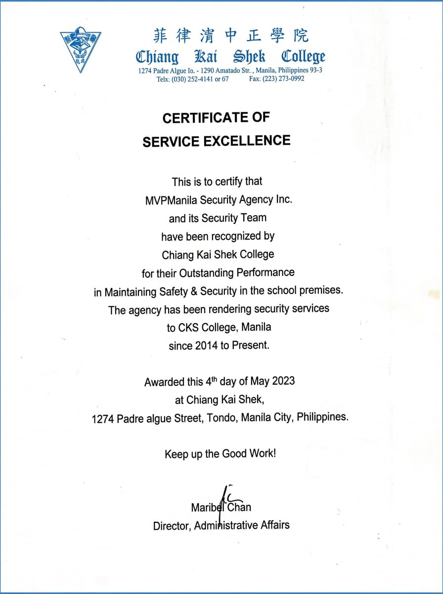 Certificate of Service Excellence from Chiang Kai Shek College