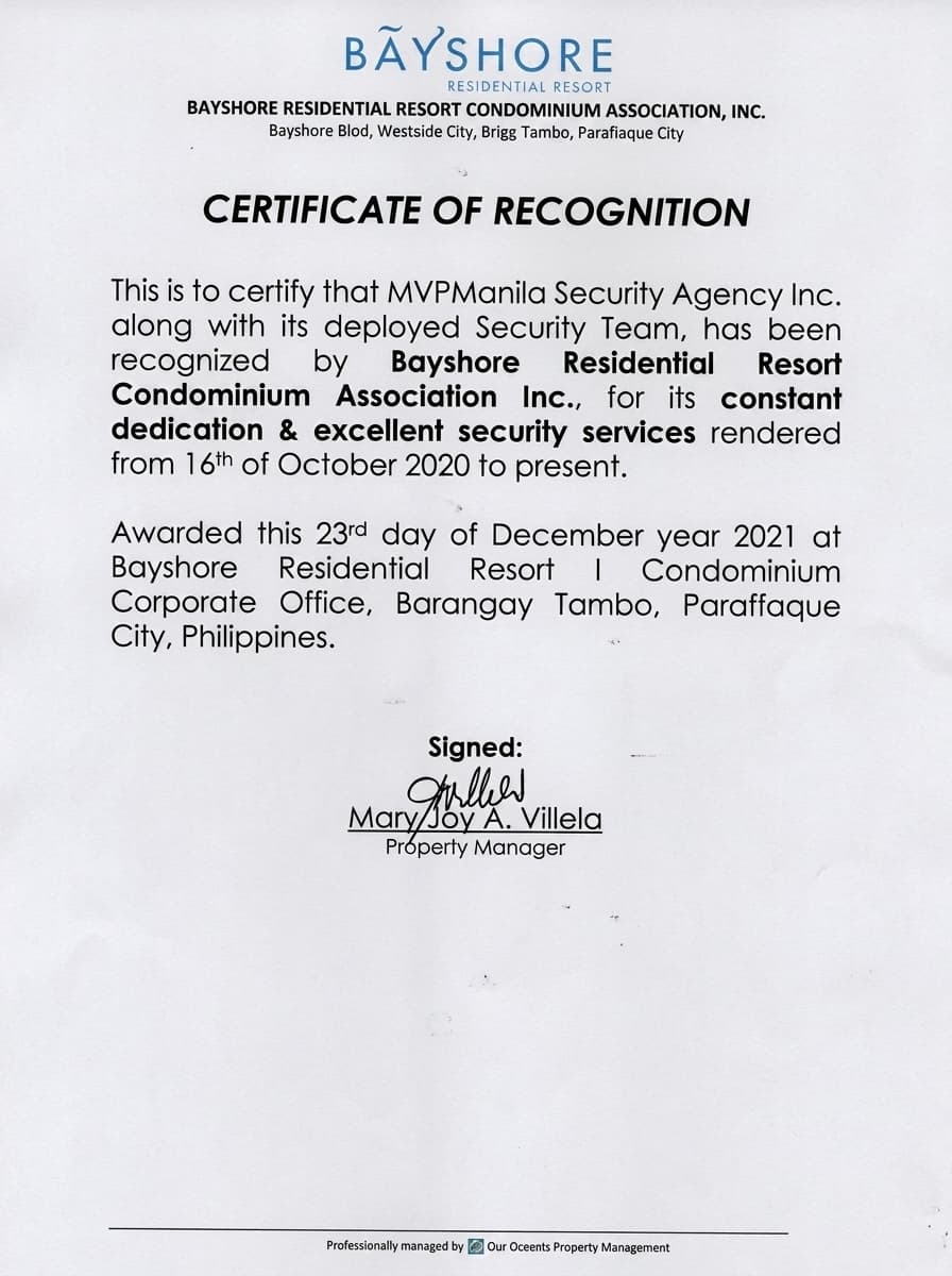 Certificate of Recognition from Bayshore Residential Resort Condominium Association